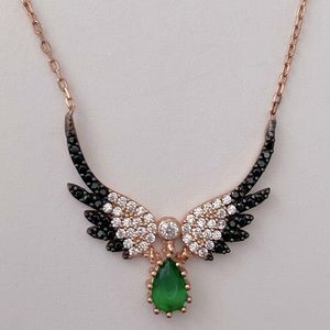925 Silver angelwing necklace cz 14K rose gold plated with big green stone